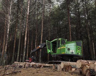 A John Deere forestry machine equipped with a Waratah H219X harvesting head, expertly navigating a South African plantation.
