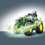 A John Deere tractor with a design and some shield moving around it signalling that the tractor is protected