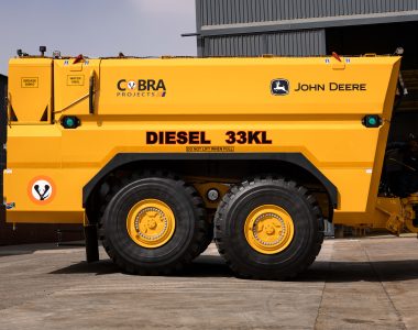 Mobile diesel bowser built on a 410P John Deere ADT platform.