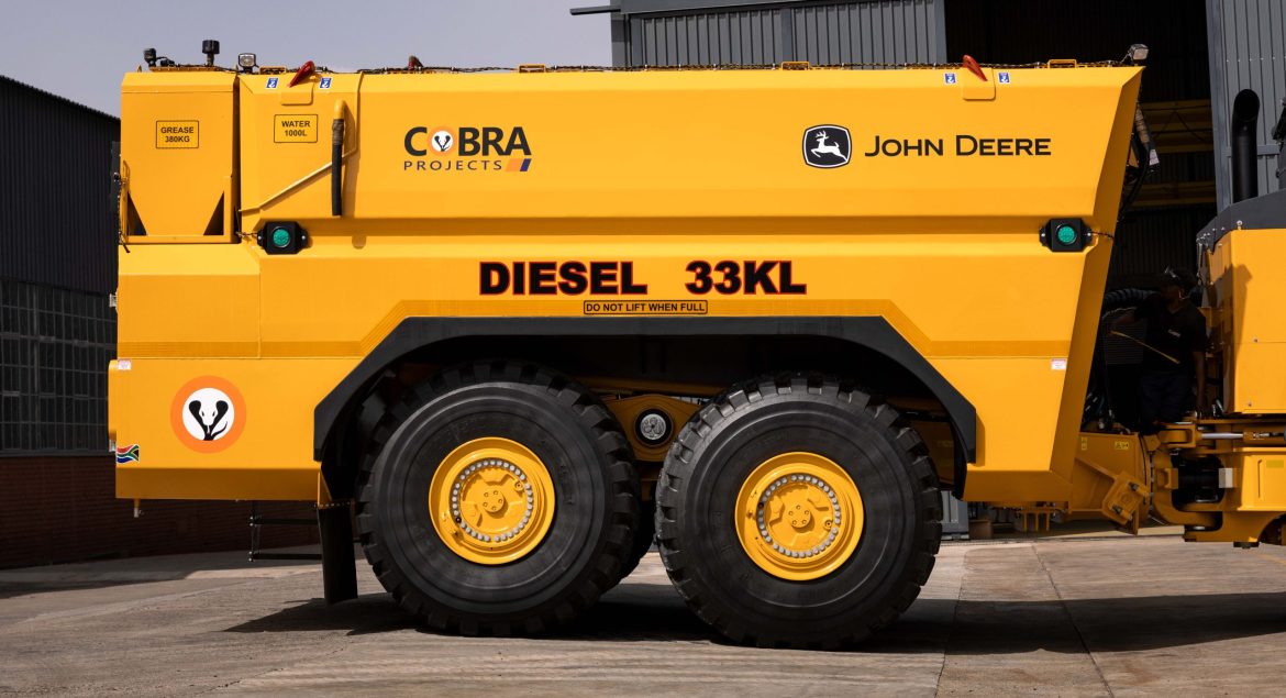 Mobile diesel bowser built on a 410P John Deere ADT platform.