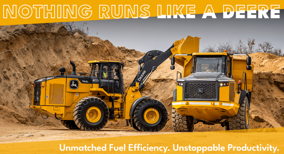 John Deere Construction machines with slides highlighting power, fuel efficiency, and unstoppable productivity. Arrows guide viewers through each message.