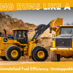 John Deere Construction machines with slides highlighting power, fuel efficiency, and unstoppable productivity. Arrows guide viewers through each message.