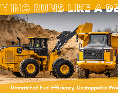 John Deere Construction machines with slides highlighting power, fuel efficiency, and unstoppable productivity. Arrows guide viewers through each message.