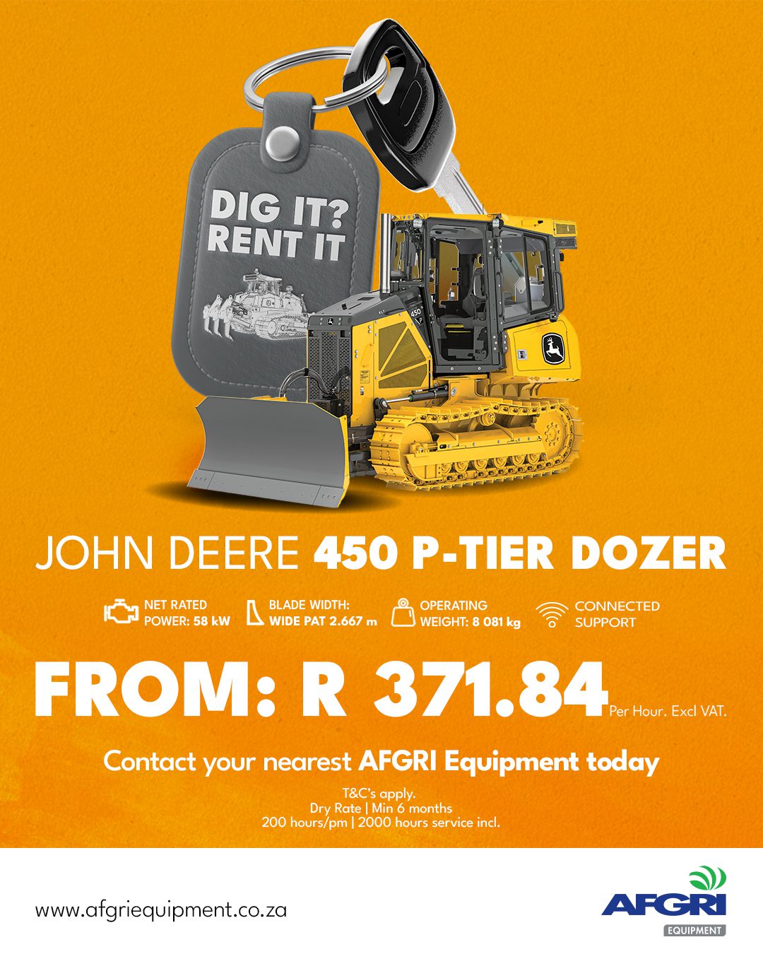 Advertisement for the rental of a John Deere 450 P-Tier Dozer