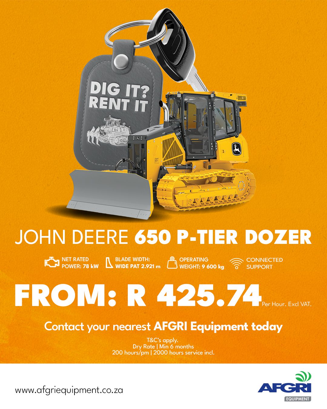 Advertisement for the rental of a John Deere 650 P-Tier Dozer
