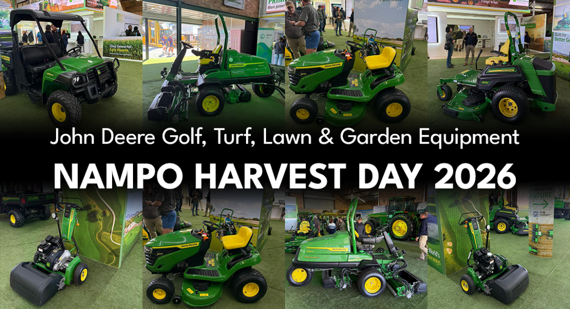 John Deere golf, turf, lawn and garden equipment displayed at NAMPO 2026 stand.