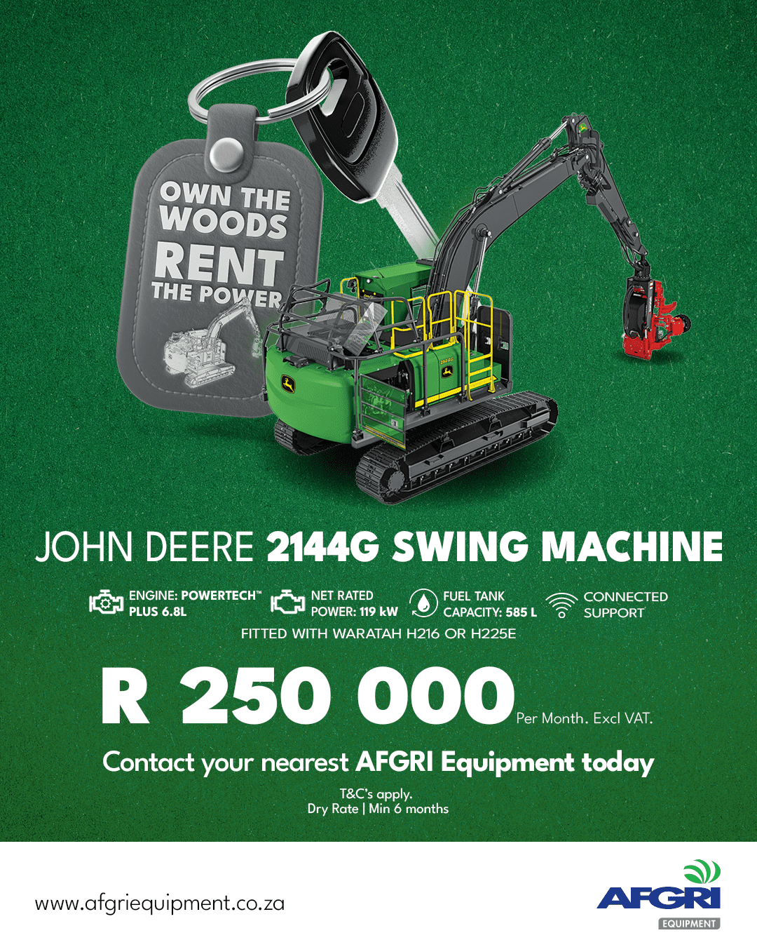 Advertisement for the rental of a John Deere 2144G Swing Machine