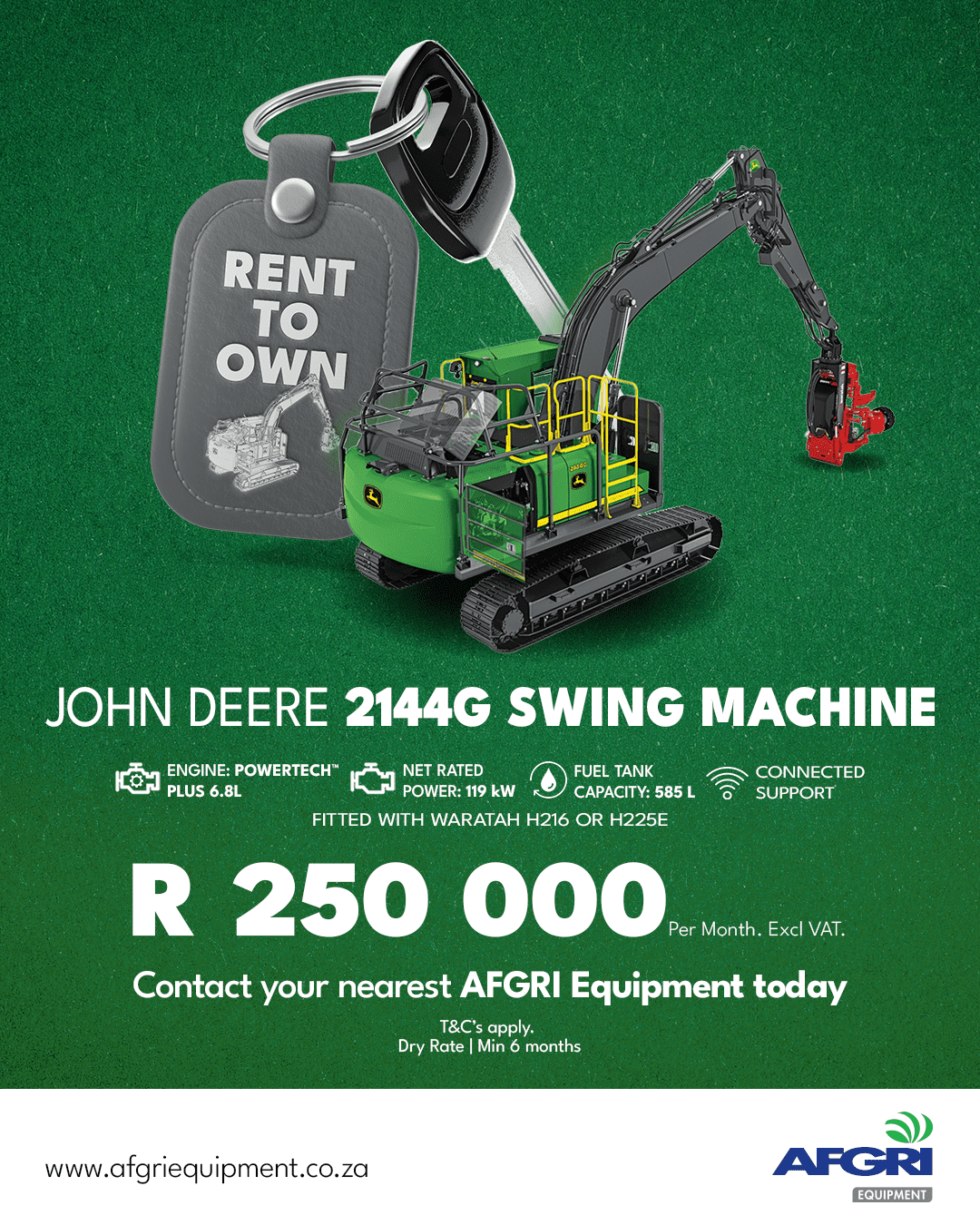 Advertisement for the rental of a John Deere 2144G Swing Machine