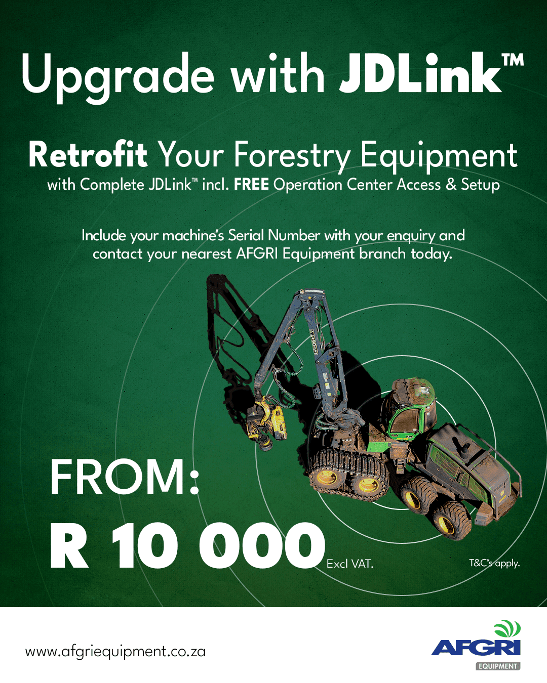 An advertisement showing that you can upgrade your forestry equipment with JDLink by having it retrofitted for a special price.
